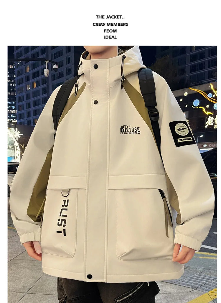 Men's Hooded Casual Jackets 2026 Spring Autumn Streetwear Windbreaker Loose Cargo Outdoor Coats Youth Daily Wear Tops Clothing
