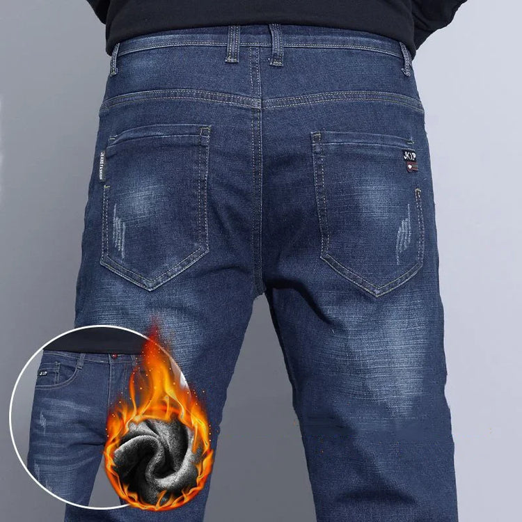 Business Casual Straight Washed Trousers Thickened Thermal Stretch Versatile Male Denim Pants New Men's Winter Fleece Warm Jeans