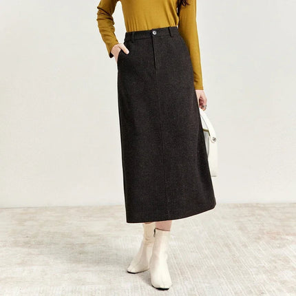 SENTUBILA Straight Wool Skirt Women 2025 Winter Vintage Elegant Tweed High-waist Slit-hem Temperament Long Skirts 144Q56942 PlatiNum