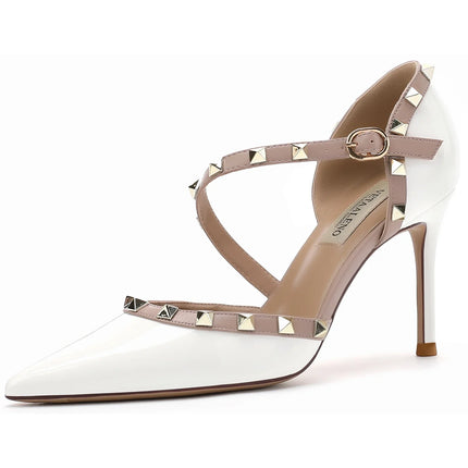 【Misurati la lunghezza dei piedi prima di ordinare】Sandalo da donna con tacco alto e sottile, con rivetti e punta a punta, scarpa elegante da festa 118-CHC-33