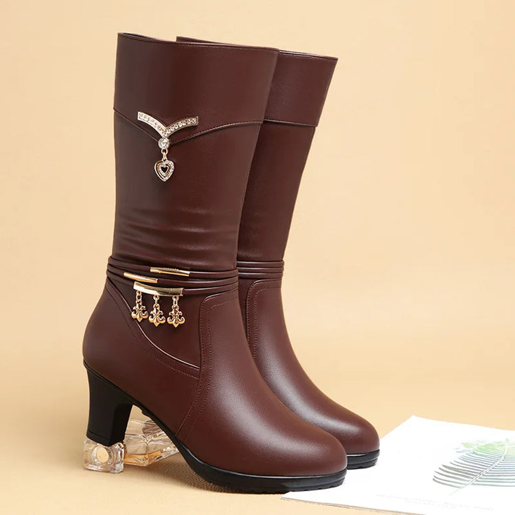 Women Comfortable Fleece Medium Boots Autumn Winter New Style Thick Heel Side Zipper Pointed Fashion High Heels Boots Elegant