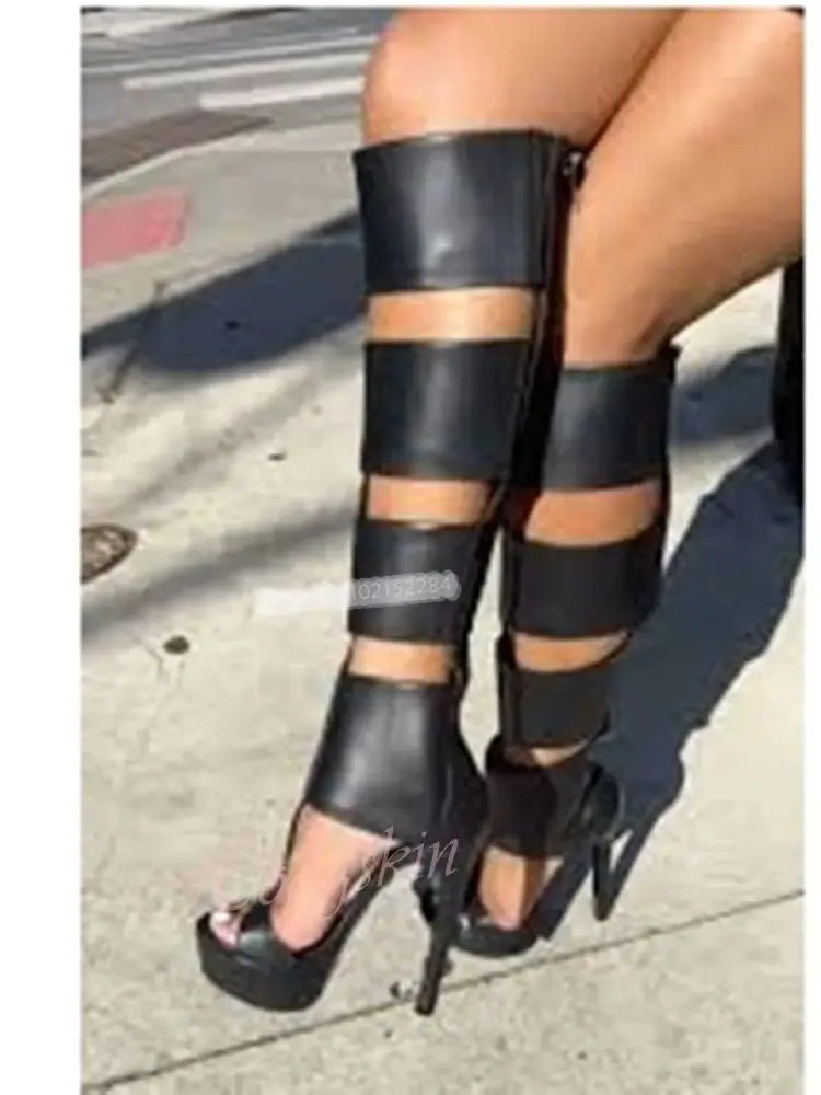 Cut Outs Platform Sandals Thin High Heels Solid Zipper Knee High Women Summer Shoes Open Toe Sexy Style Casual Party Designer
