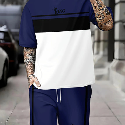 2026 Summer New Arrival Men's Casual Two-piece Set 2026 Striped Print Short Sleeve Shirt and Sports Shorts Men's Fitness Set