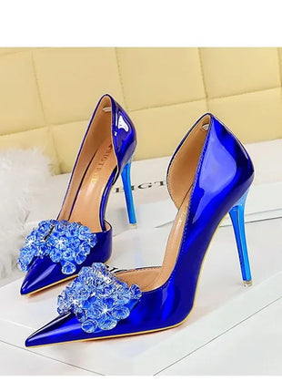 BIGTREE Scarpe con fiocco in strass Décolleté da donna Scarpe da banchetto di lusso Tacchi alti sexy Scarpe da festa con tacco a spillo da donna di grandi dimensioni 41 42 43