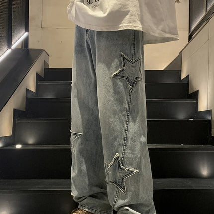 New Fashion Stella a cinque punte Jeans Uomo a vita alta Vintage Streetwear Pantaloni da uomo Baggy Inverno Jeans a gamba larga Denim Abbigliamento uomo