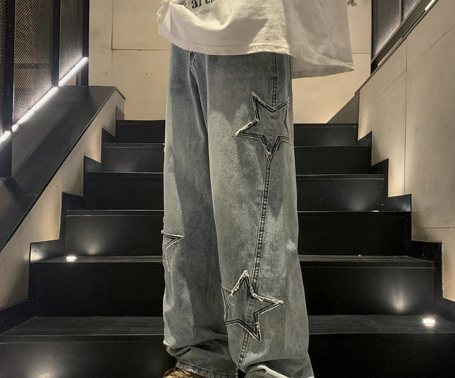 New Fashion Five-Pointed Star High Waist Men's Jeans Vintage Streetwear Baggy Men's Pants Winter Wide Leg Jeans Denim Men's Clothing