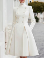 Yeezzi Women's British Style Buttoned Stand Collar Overcoat Midi Dresses Long Sleeves High Waisted Pleated Evening A-line Dress