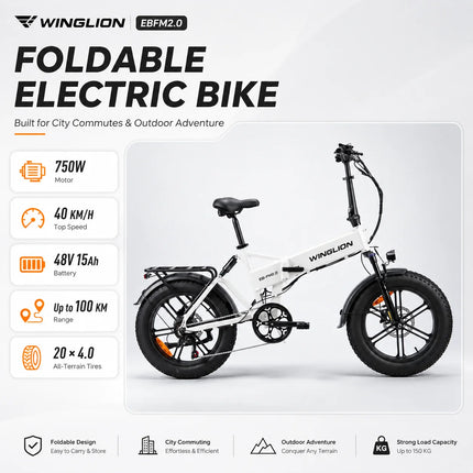 Nuova Bicicletta Elettrica Pieghevole WINGLION eb-fm2.0, Motore 720W, Batteria 48V 15AH, Pneumatici Larghi 20 "x4.0, Freno Idraulico, Ideale per Adulti, Città, Casa, Lavoro