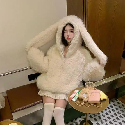 Cute rabbit ear lamb plush coat for women, 2024 autumn and winter new loose and thick hooded sweater, outerwear top