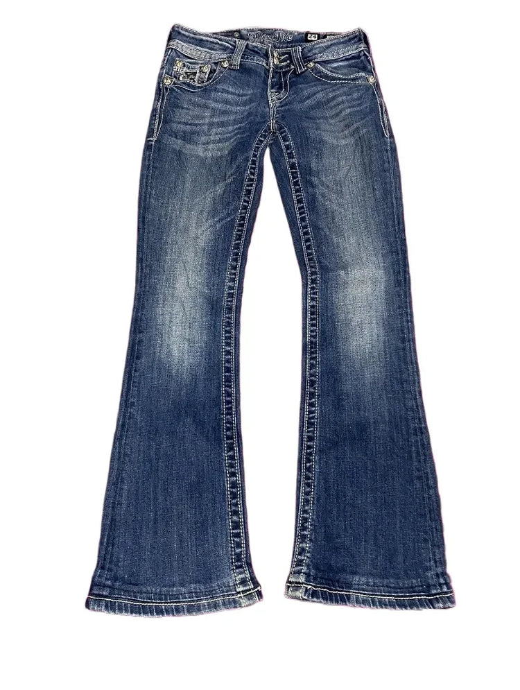 Jeans Boot Cut Retrò Miss Me da Donna, Nuovi Jeans Blu Y2K con Tasche Ricamate, Stile Hip Hop Harajuku Gotico, Pantaloni Larghi Streetwear