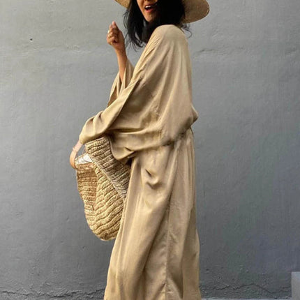 Solid Beach Cover Up Women Self Belted Wrap Kimono Dress Costume da bagno 2025 New Robe Summer Beachwear Fornitura in fabbrica platinumshop