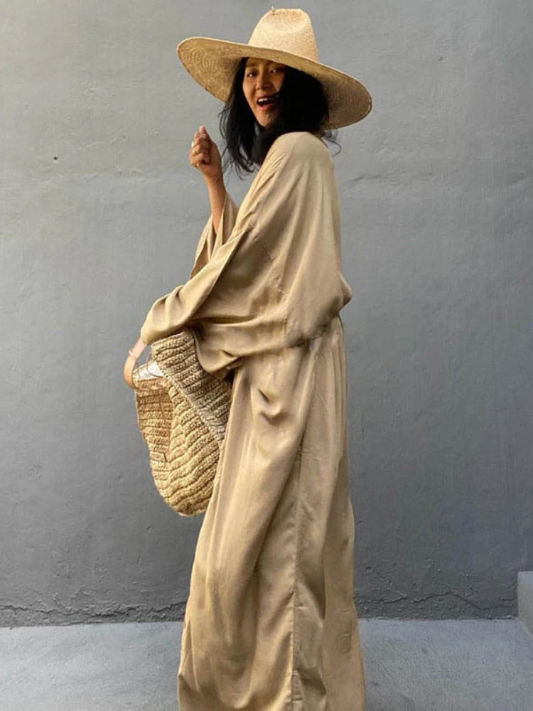 Solid Beach Cover Up Women Self Belted Wrap Kimono Dress Costume da bagno 2025 New Robe Summer Beachwear Fornitura in fabbrica platinumshop