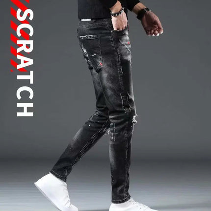 High Street  2022 Fashion Casual Ripped Jeans Men's Patch Teenagers Cowboy Paint Splash Ink Black Pencil Pants Skinny Jeans Men PlatiNum