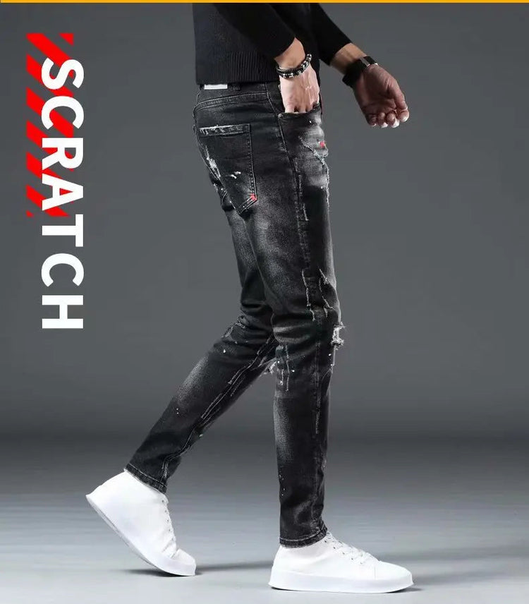 High Street  2022 Fashion Casual Ripped Jeans Men's Patch Teenagers Cowboy Paint Splash Ink Black Pencil Pants Skinny Jeans Men PlatiNum