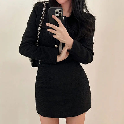 Women Tweed 2 Two Piece Sets Long Sleeve Pearl Buttons Short Jacket and A-line Mini Skirt Set Fall Winter Women Outfits