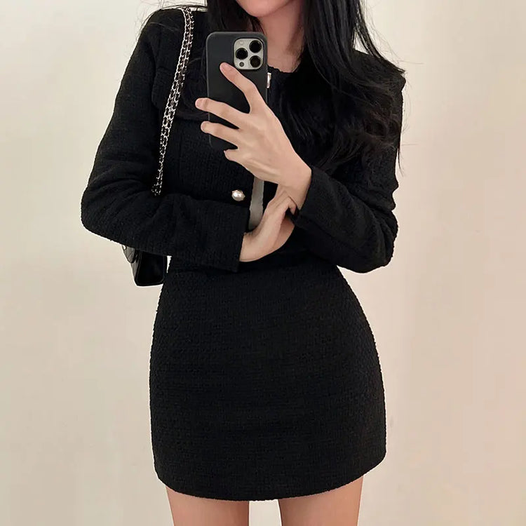 Women Tweed 2 Two Piece Sets Long Sleeve Pearl Buttons Short Jacket and A-line Mini Skirt Set Fall Winter Women Outfits