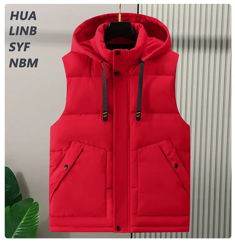 Big Size Men Padded Vest Winter Hooded Zip-up Sleeveless Jacket Padding Golf Cotton Waistcoat Work Warm Large Pocket Plus 8XL