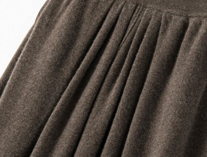Women's Cashmere Umbrella Skirts Autumn Winter Basic Office Lady Classics 100% Cashmere Knitted A-Line High Waist Pockets Dress PlatiNum