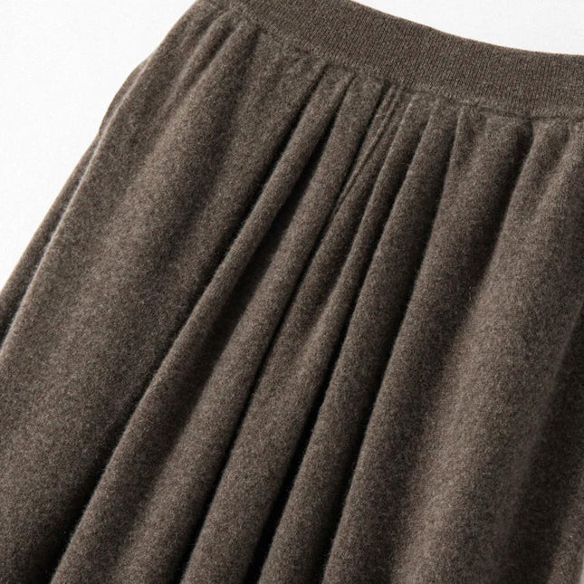 Women's Cashmere Umbrella Skirts Autumn Winter Basic Office Lady Classics 100% Cashmere Knitted A-Line High Waist Pockets Dress PlatiNum