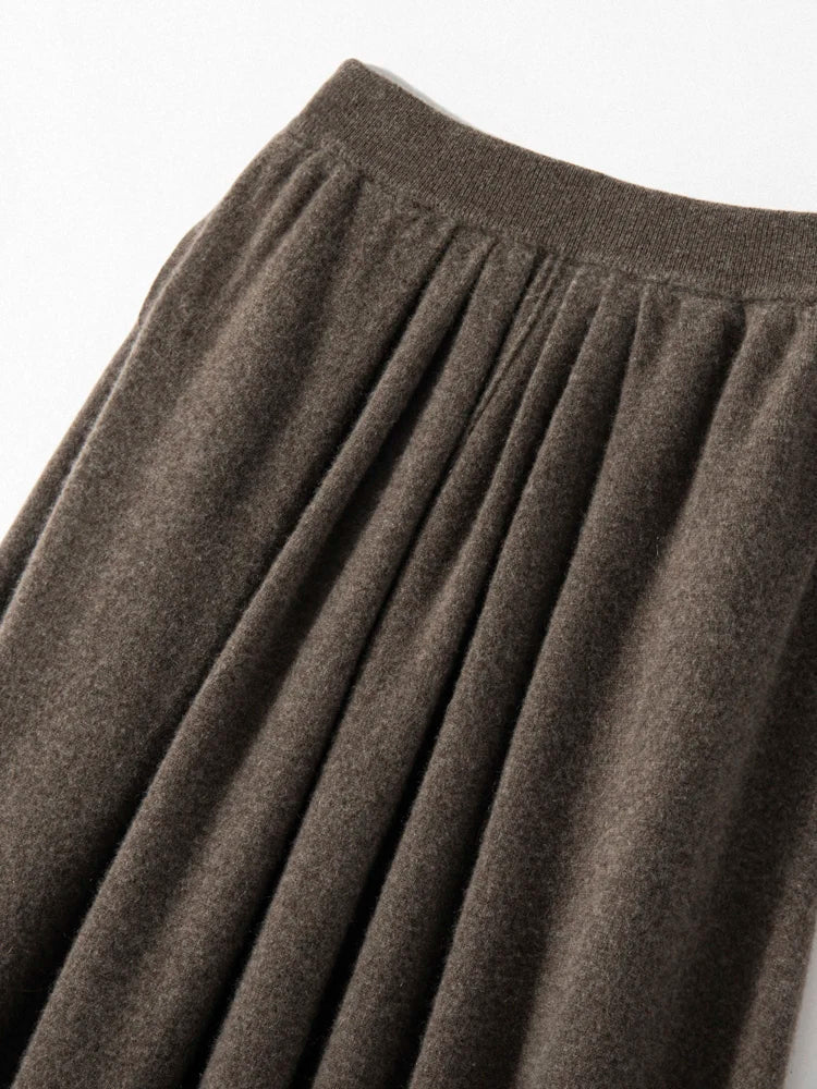 Women's Cashmere Umbrella Skirts Autumn Winter Basic Office Lady Classics 100% Cashmere Knitted A-Line High Waist Pockets Dress PlatiNum