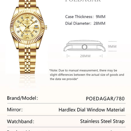 POEDAGAR Orologio da polso da donna alla moda Impermeabile Data luminosa Orologi da donna eleganti Orologio al quarzo in acciaio inossidabile per donna Reloj platinumshop