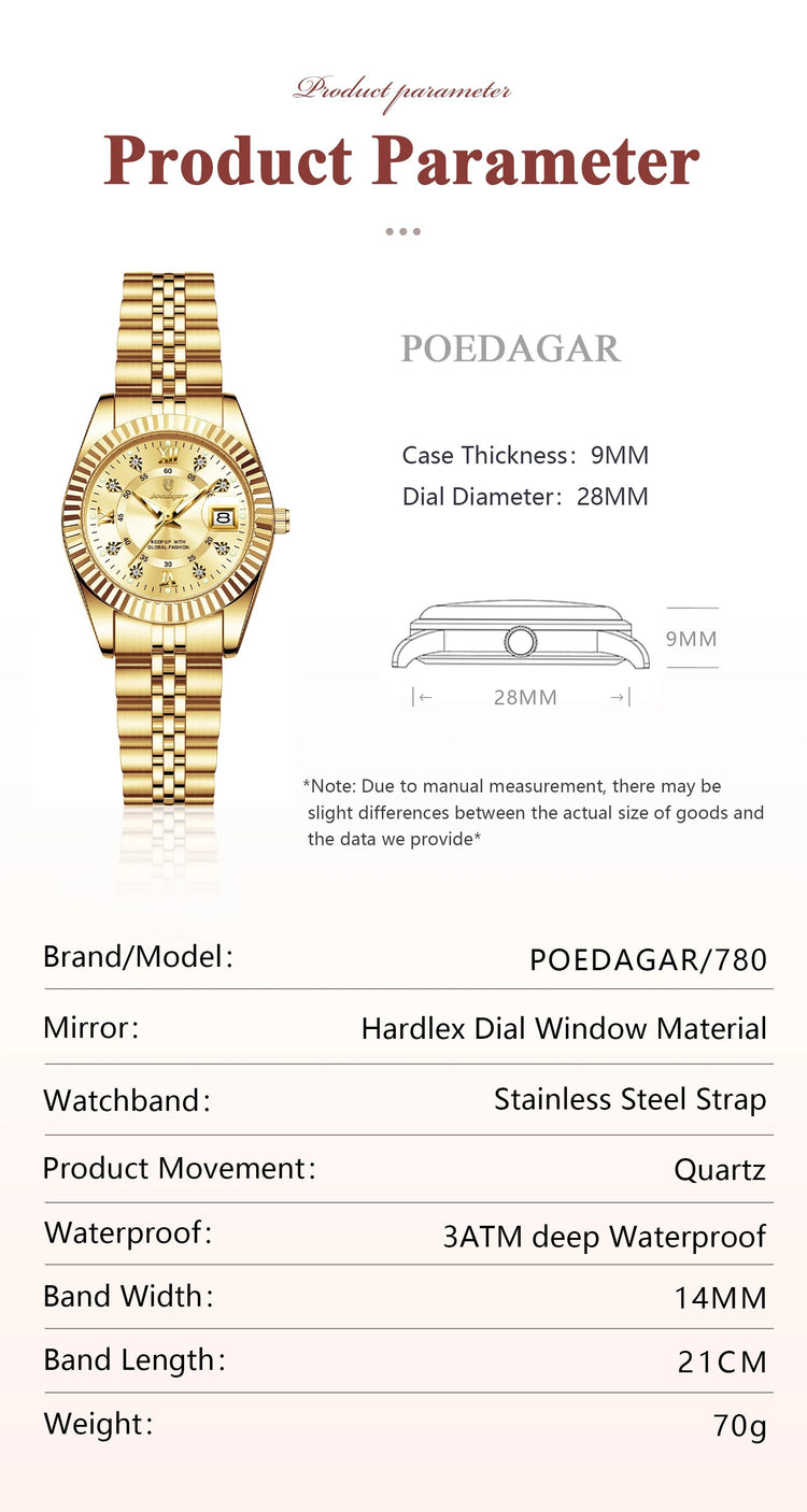 POEDAGAR Orologio da polso da donna alla moda Impermeabile Data luminosa Orologi da donna eleganti Orologio al quarzo in acciaio inossidabile per donna Reloj platinumshop