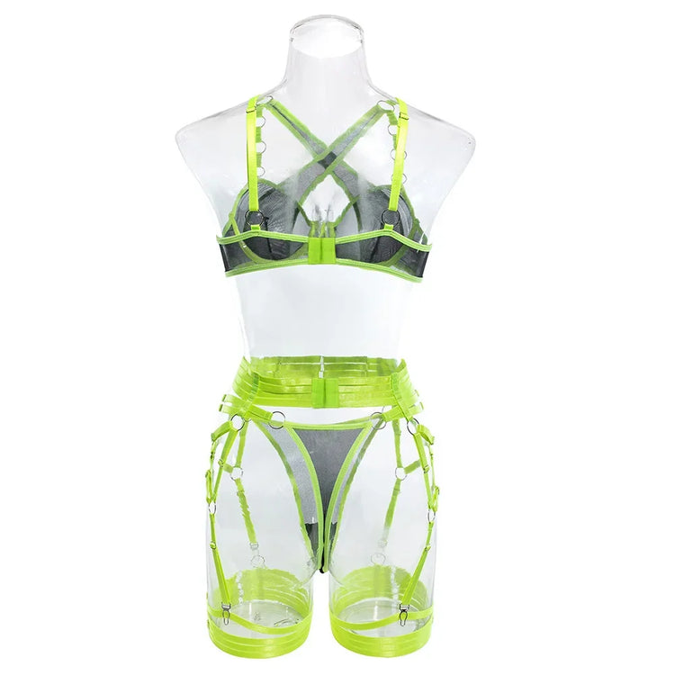 Sexy Neon Green Patchwork Lace Garter Lingerie Set Women Intimates Underwire Bra and Thongs Ladies Underwear Erotic Sets