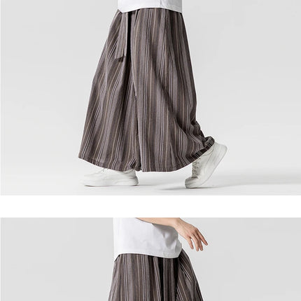 Pantaloni a righe da uomo in cotone e lino, comodi e traspiranti, pantaloni a gamba larga, kimono, samurai giapponese, pantaloni alla moda larghi casual da uomo