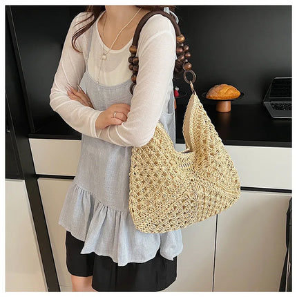 Women's Woven Straw Tote Bag Large Capacity, Summer Beach Vacation Bag, Fashionable Shoulder Bag for Commuting
