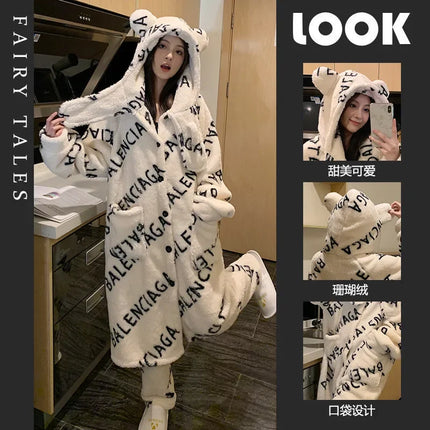 Plus Size Leopard Winter Hooded Robe Pajamas Set Women Plush Soft Home Suit Coral Pjs Long Sleeve Thick Warm Flannel Loungewear