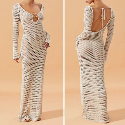 Abito lungo a maniche lunghe con scollo a V con bottoni in metallo cavo stile moda Abito lungo con grembiule da spiaggia per vacanze estive platinumshop