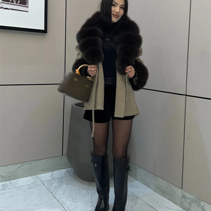 Brown Faux Fur Collar Wool Blend Belted Coats Elegant Wrap V Neck Long Sleeve Lace Up Jackets 2026 Lady Winter Autumn Outwear