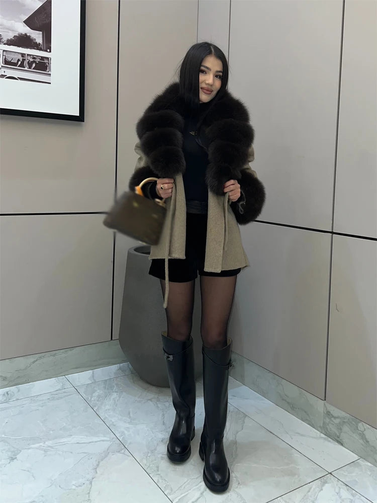 Brown Faux Fur Collar Wool Blend Belted Coats Elegant Wrap V Neck Long Sleeve Lace Up Jackets 2026 Lady Winter Autumn Outwear
