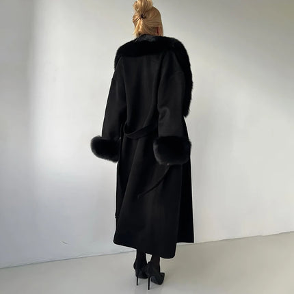 TARUXY Women Luxurious Faux Fox Fur Collar Long Jacket Elegant Solid Long-Sleeved Loose Lace Up Street Warm Coat 2026 Winter New