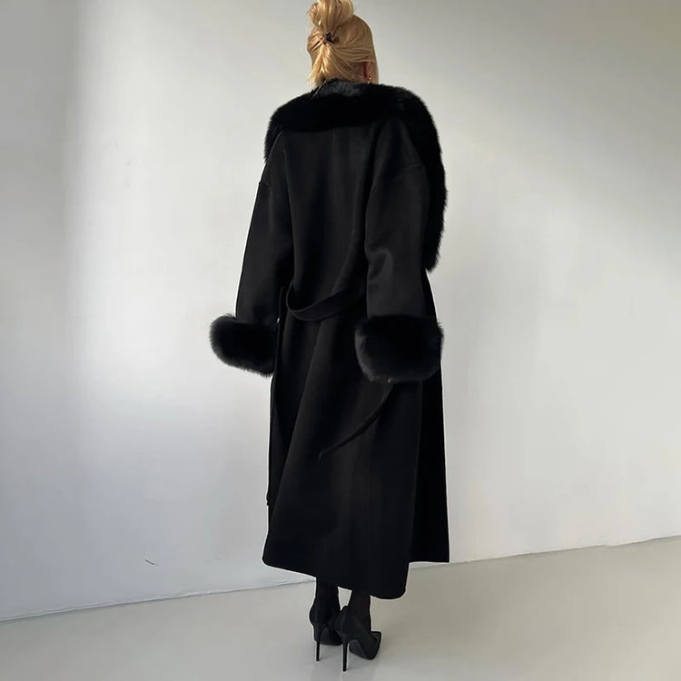 TARUXY Women Luxurious Faux Fox Fur Collar Long Jacket Elegant Solid Long-Sleeved Loose Lace Up Street Warm Coat 2026 Winter New