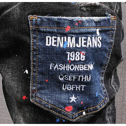 Fashion Streetwear Men Jeans Retro Black Blue Elastic Slim Fit Ripped Jeans Men Spliced Designer Embroidery Hip Hop Denim Pants PlatiNum