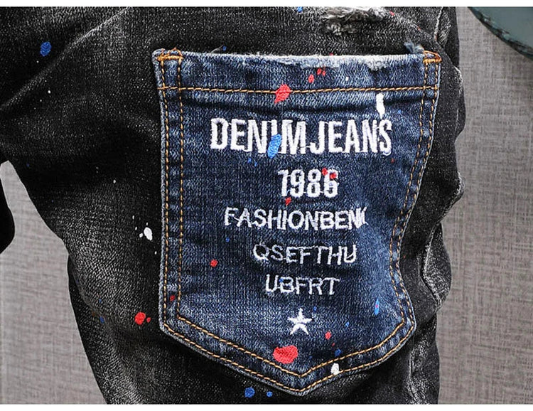 Fashion Streetwear Men Jeans Retro Black Blue Elastic Slim Fit Ripped Jeans Men Spliced Designer Embroidery Hip Hop Denim Pants PlatiNum