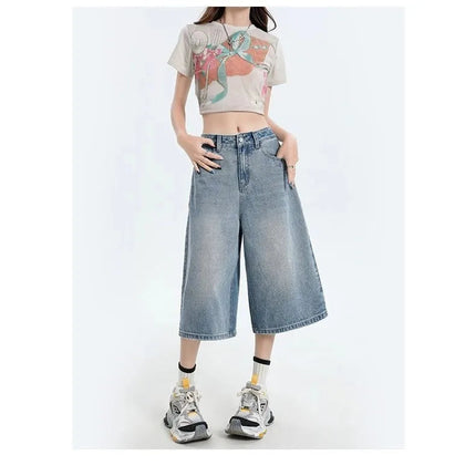 Women's Vintage Wide Leg Denim Capri Pants Shorts Summer New Plus Size Tummy Control Loose Straight Leg Casual Streetwear PlatiNum