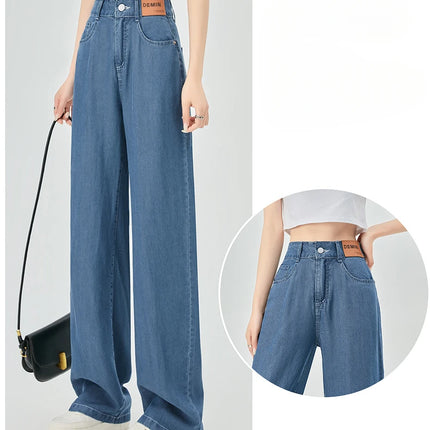 Jeans estivi donna seta ghiaccio vita alta blu sciolto moda coreana semplice tempo libero tutto-fiammifero quotidiano gamba larga elegante Trendy Chic