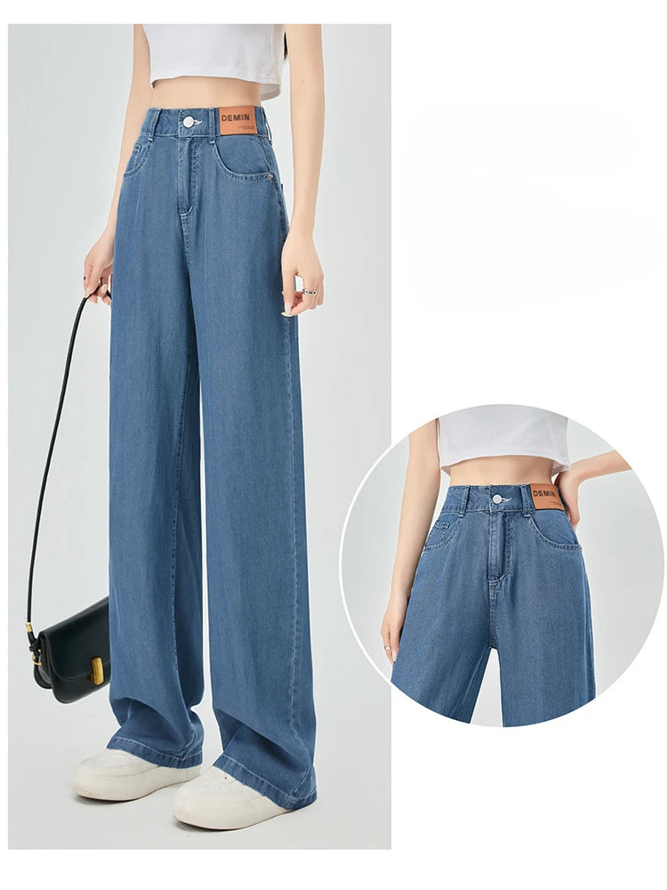 Jeans estivi donna seta ghiaccio vita alta blu sciolto moda coreana semplice tempo libero tutto-fiammifero quotidiano gamba larga elegante Trendy Chic