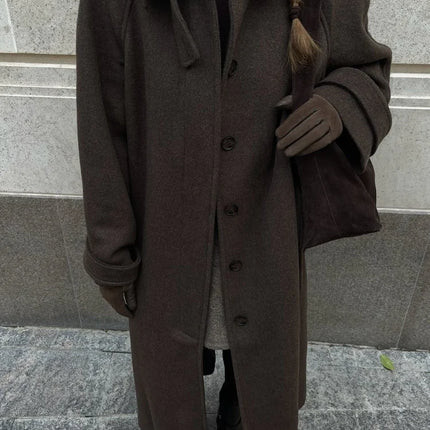 Women's Long Woolen Overcoats Stand Collar Single Breasted Lace Up Oversized Coat Autumn Winter Female Loose New Chic Outerwears