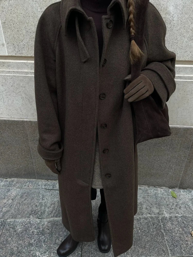 Women's Long Woolen Overcoats Stand Collar Single Breasted Lace Up Oversized Coat Autumn Winter Female Loose New Chic Outerwears