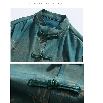 Camicie da uomo estive di lusso in jacquard con foglie di bambù, camicia a maniche corte da uomo in stile cinese tradizionale, camicia casual da uomo per Kung Fu e Tai Chi