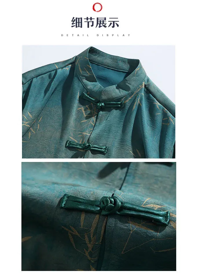 Camicie da uomo estive di lusso in jacquard con foglie di bambù, camicia a maniche corte da uomo in stile cinese tradizionale, camicia casual da uomo per Kung Fu e Tai Chi