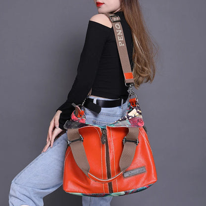 2025 New Genuine Leather With Canvas Women Handbags Luxury Fashion Crossbody Bag Printing Shoulder Portable Slung Bags