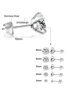LUXUSTEEL 1Pairs/2Pcs Stainless Steel Crystal Studs Earrings For Women Men 4 Prong Tragus Round Clear Cubic Zirconia Ear Jewelry