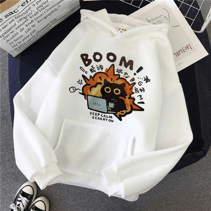 Funny Cute Cat Sweatshirt for Women Aesthetic Y2k 90s Hoodies Harajuku Graphic Pullovers 2000s Ulzzang Gothic Streetwear Female
