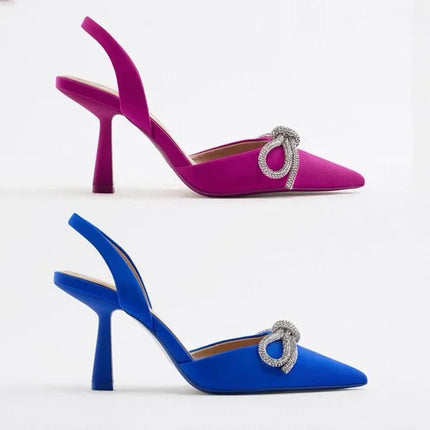 Décolleté blu Slingback da donna tacchi alti Crystal Bowknot Party Dress Shoes donna Sexy sandali con tacco a spillo a punta estate 2024