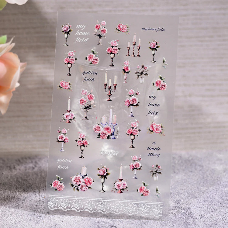 1Pcs 5D Jelly White Lily Red Strawberry Nail Art Sticker Peony Rose Camellia Embossed Nails Decals Delicate Nail Art Decorations