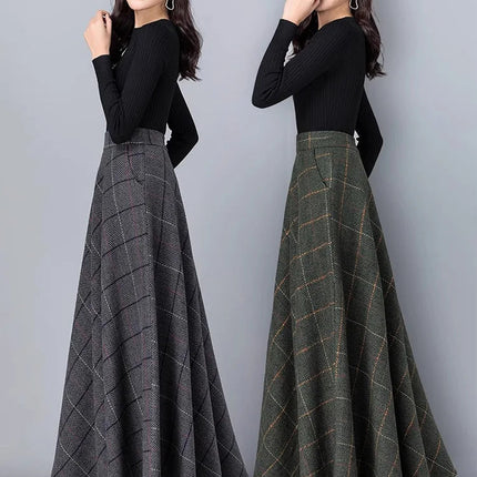 New Women Thick Woolen Skirt Autumn Winter Fashion Elastic High Waist A-Line Long Plaid Skirt Elegant Easy Match Wool Skirt PlatiNum